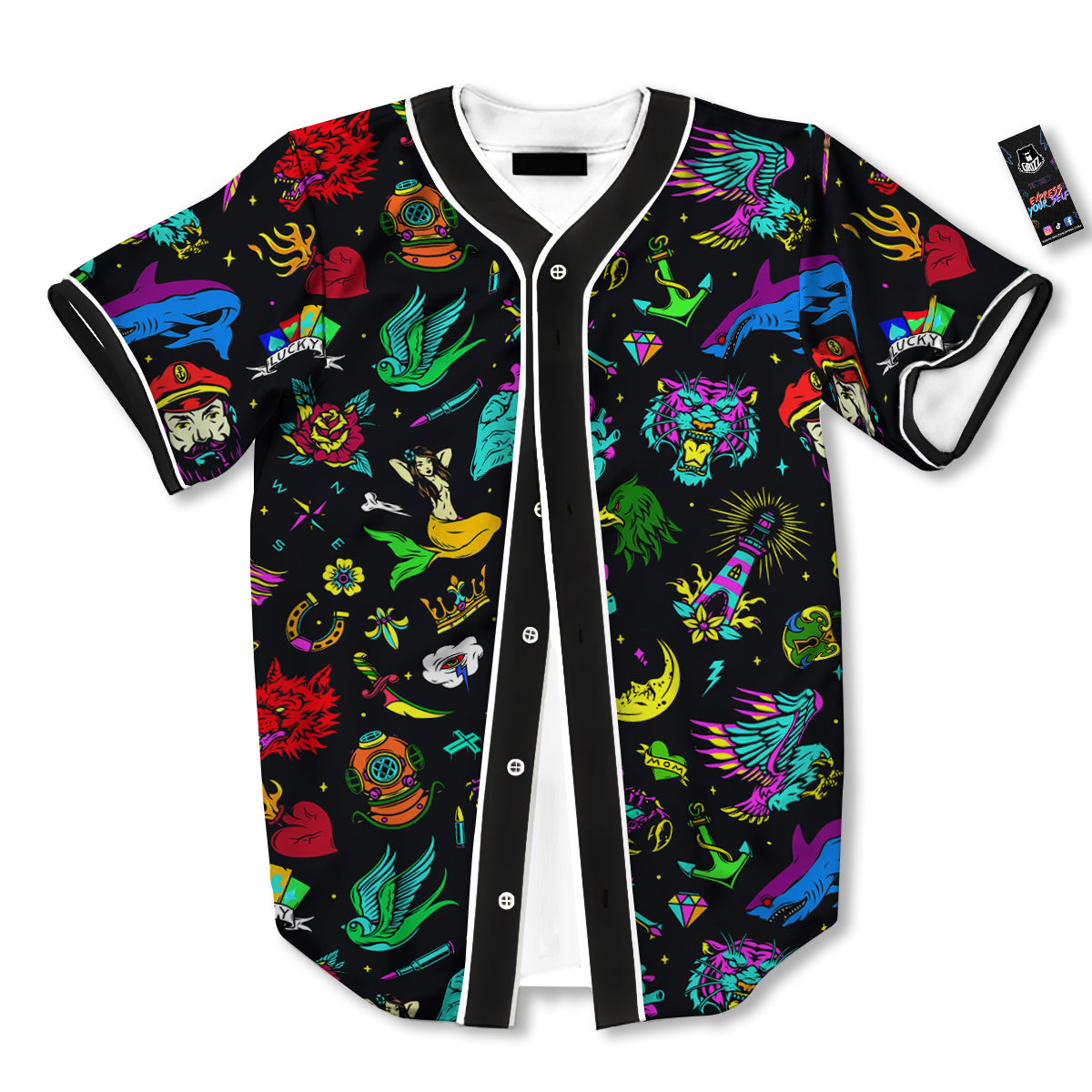 Vintage Colorful Tattoo Print Pattern Baseball Jersey-grizzshop