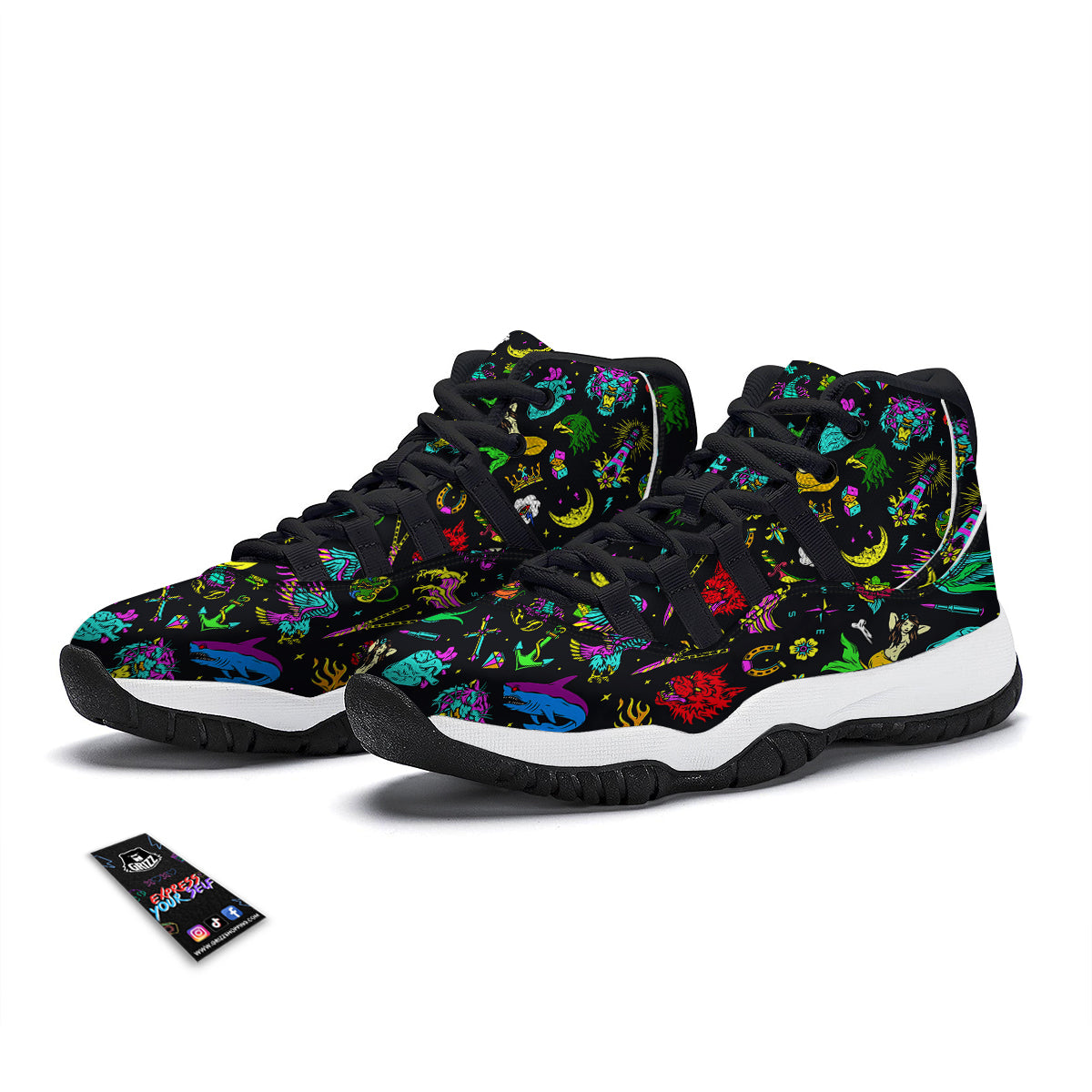 Vintage Colorful Tattoo Print Pattern Black Bball Shoes-grizzshop