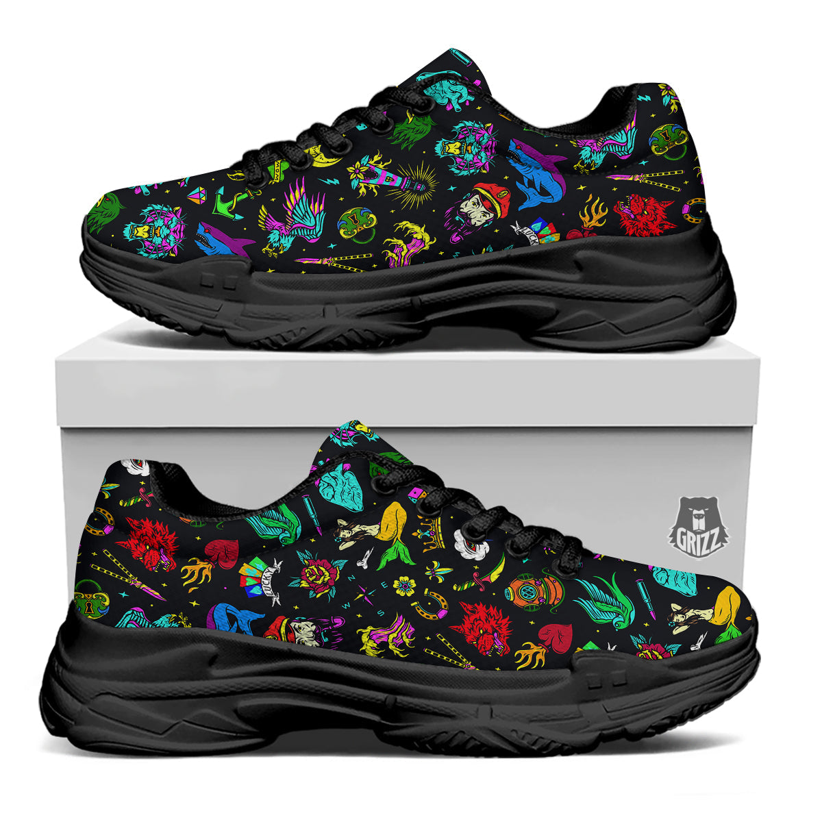 Vintage Colorful Tattoo Print Pattern Black Chunky Shoes-grizzshop