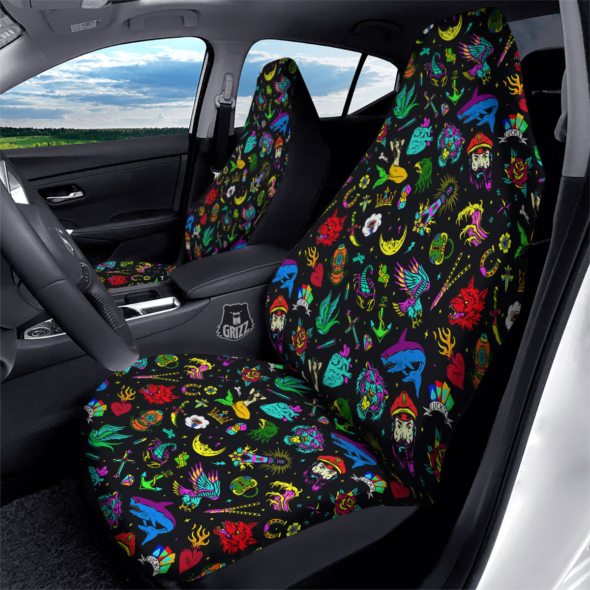 Vintage Colorful Tattoo Print Pattern Car Seat Covers-grizzshop