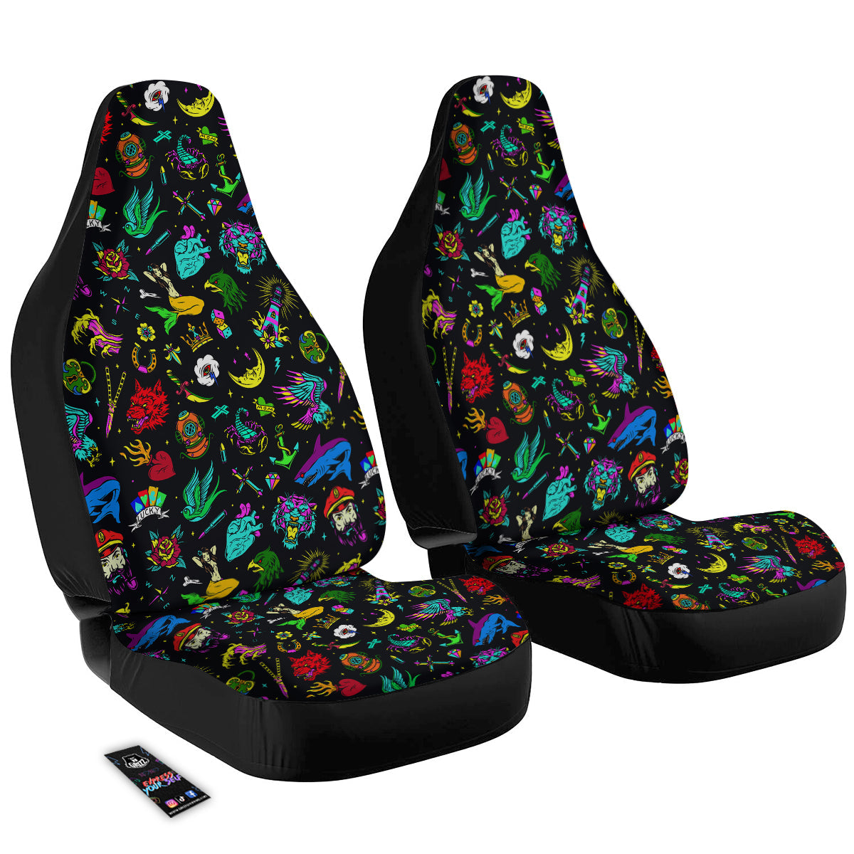 Vintage Colorful Tattoo Print Pattern Car Seat Covers-grizzshop