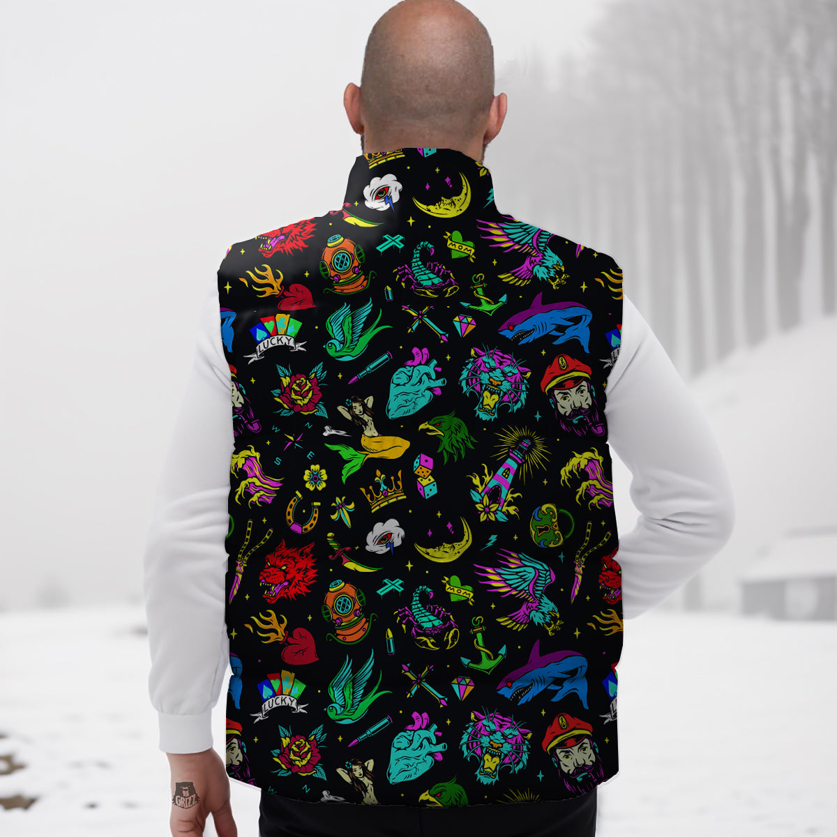 Vintage Colorful Tattoo Print Pattern Down Vest