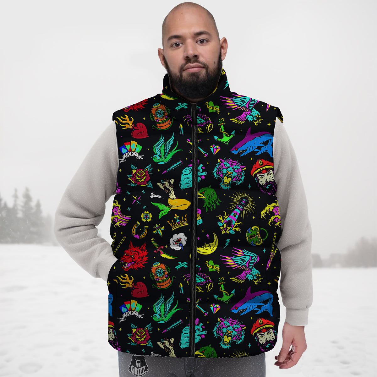 Vintage Colorful Tattoo Print Pattern Down Vest