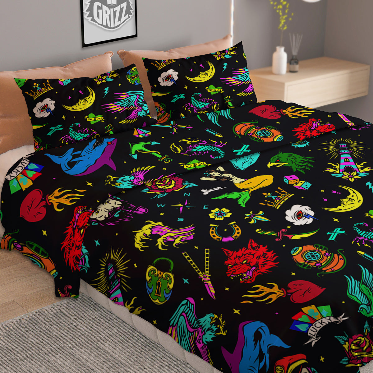 Vintage Colorful Tattoo Print Pattern Duvet Cover Bedding Set