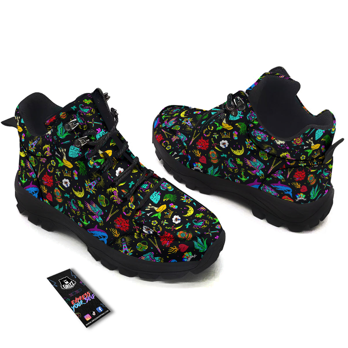 Vintage Colorful Tattoo Print Pattern Hiking Shoes-grizzshop