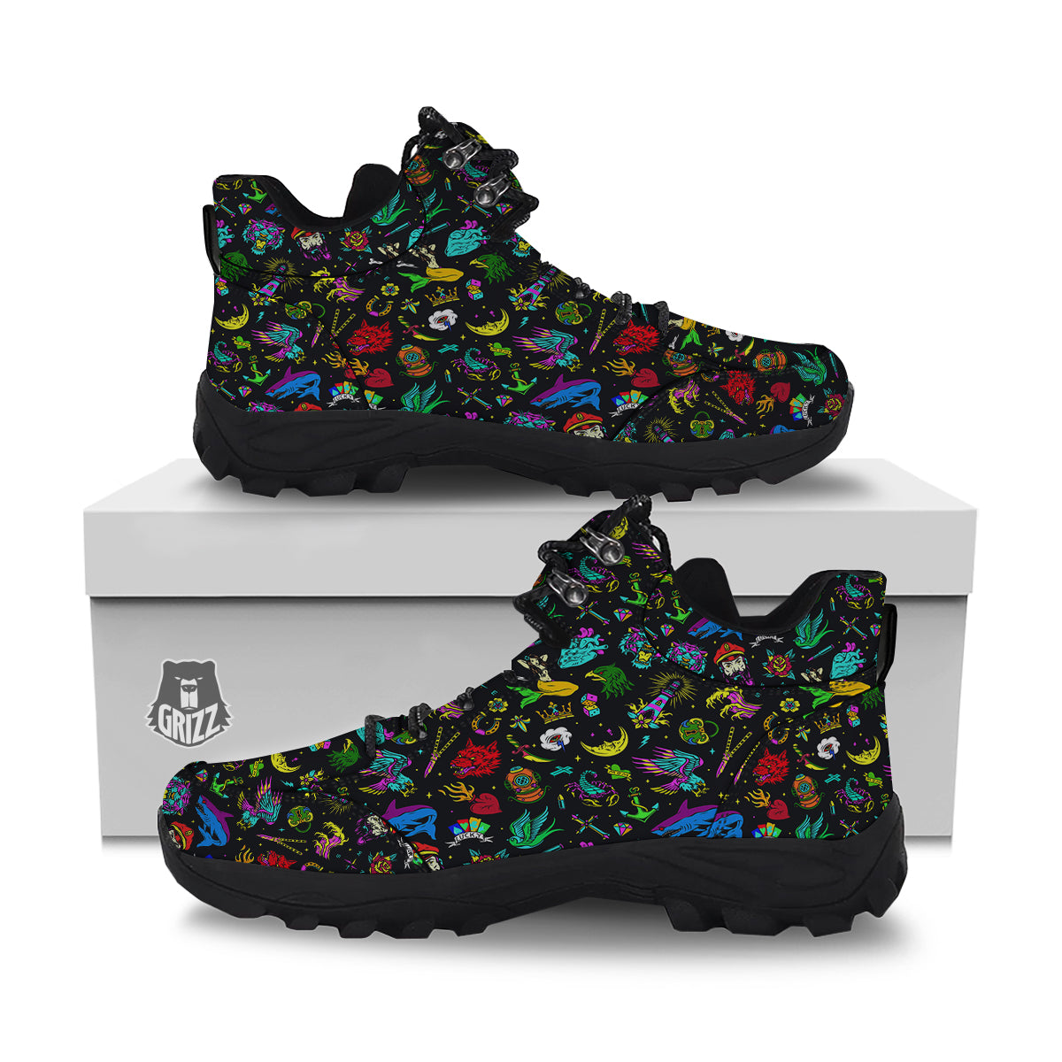 Vintage Colorful Tattoo Print Pattern Hiking Shoes-grizzshop