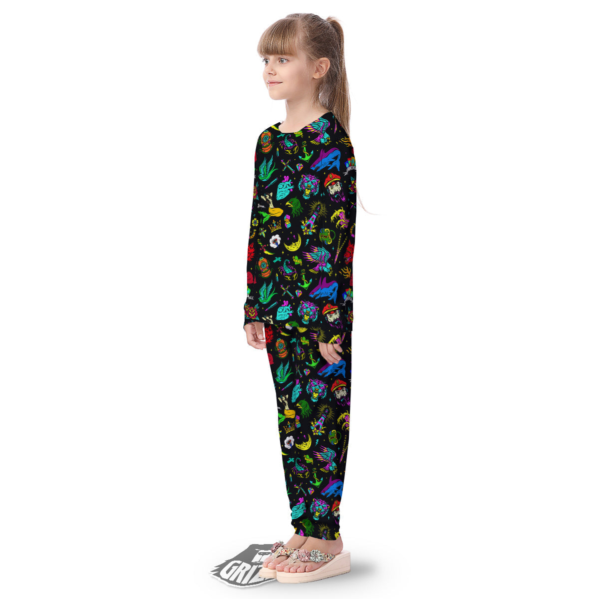 Vintage Colorful Tattoo Print Pattern Kid's Pajamas-grizzshop