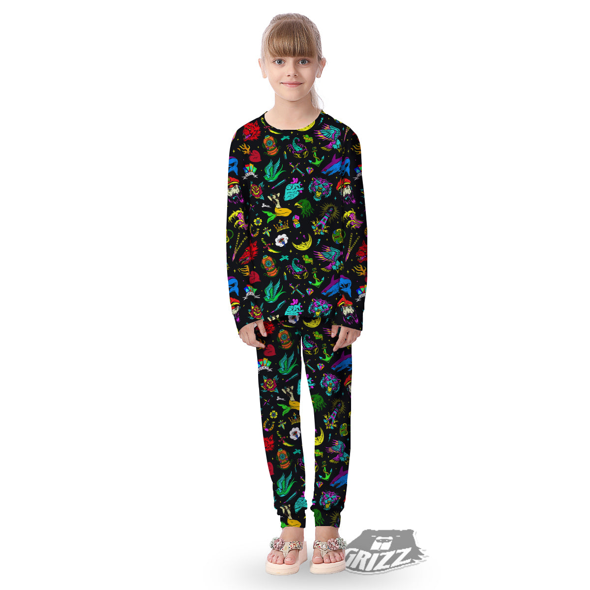 Vintage Colorful Tattoo Print Pattern Kid's Pajamas-grizzshop