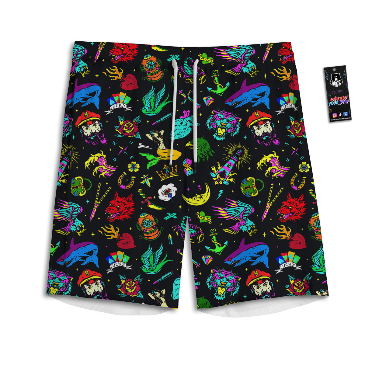 Vintage Colorful Tattoo Print Pattern Men's Athletic Shorts