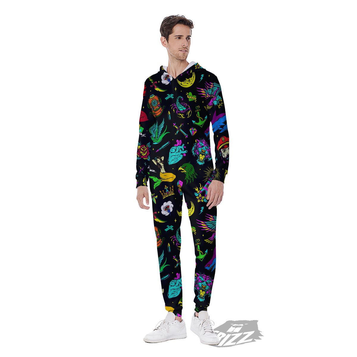 Vintage Colorful Tattoo Print Pattern Men's Jumpsuit-grizzshop
