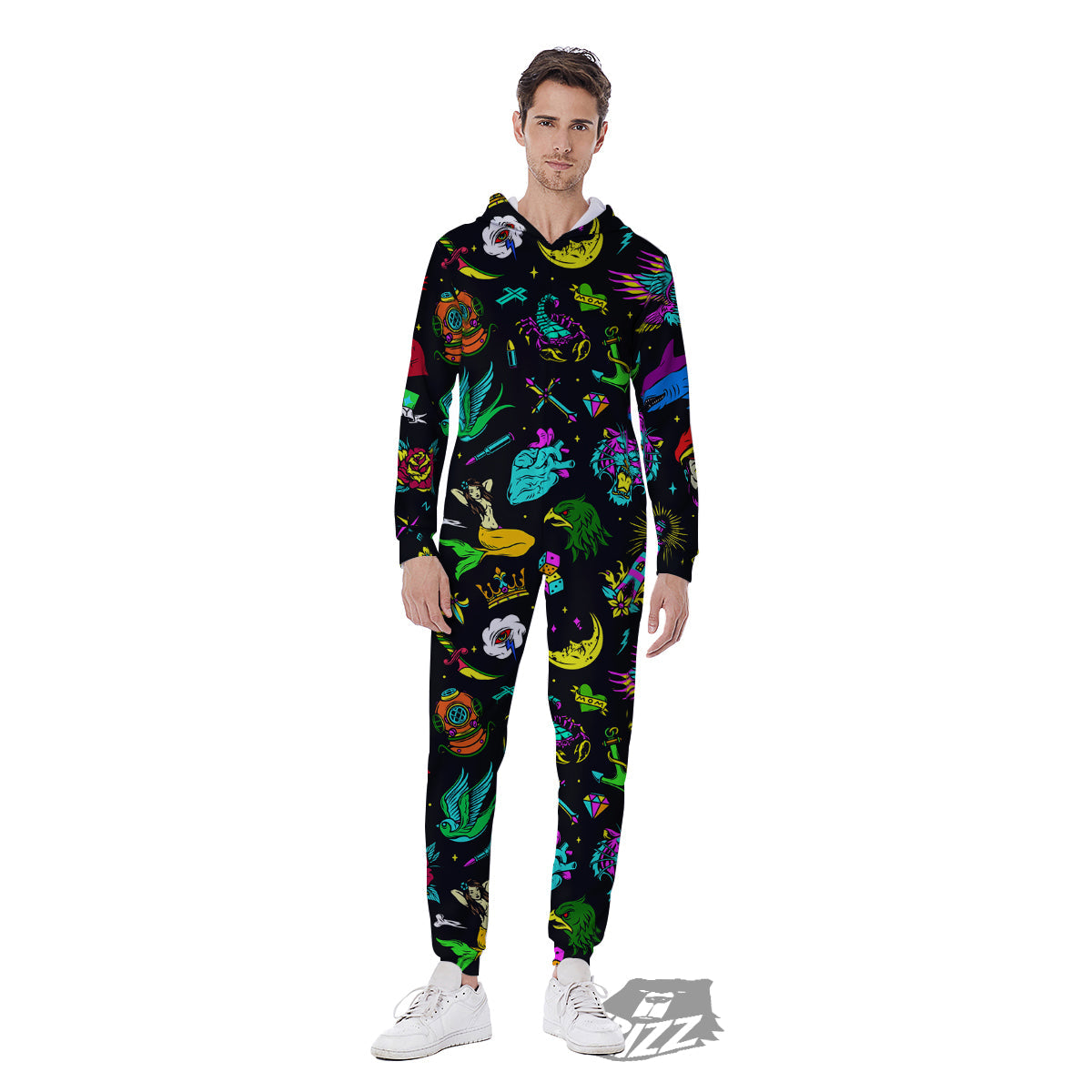 Vintage Colorful Tattoo Print Pattern Men's Jumpsuit-grizzshop
