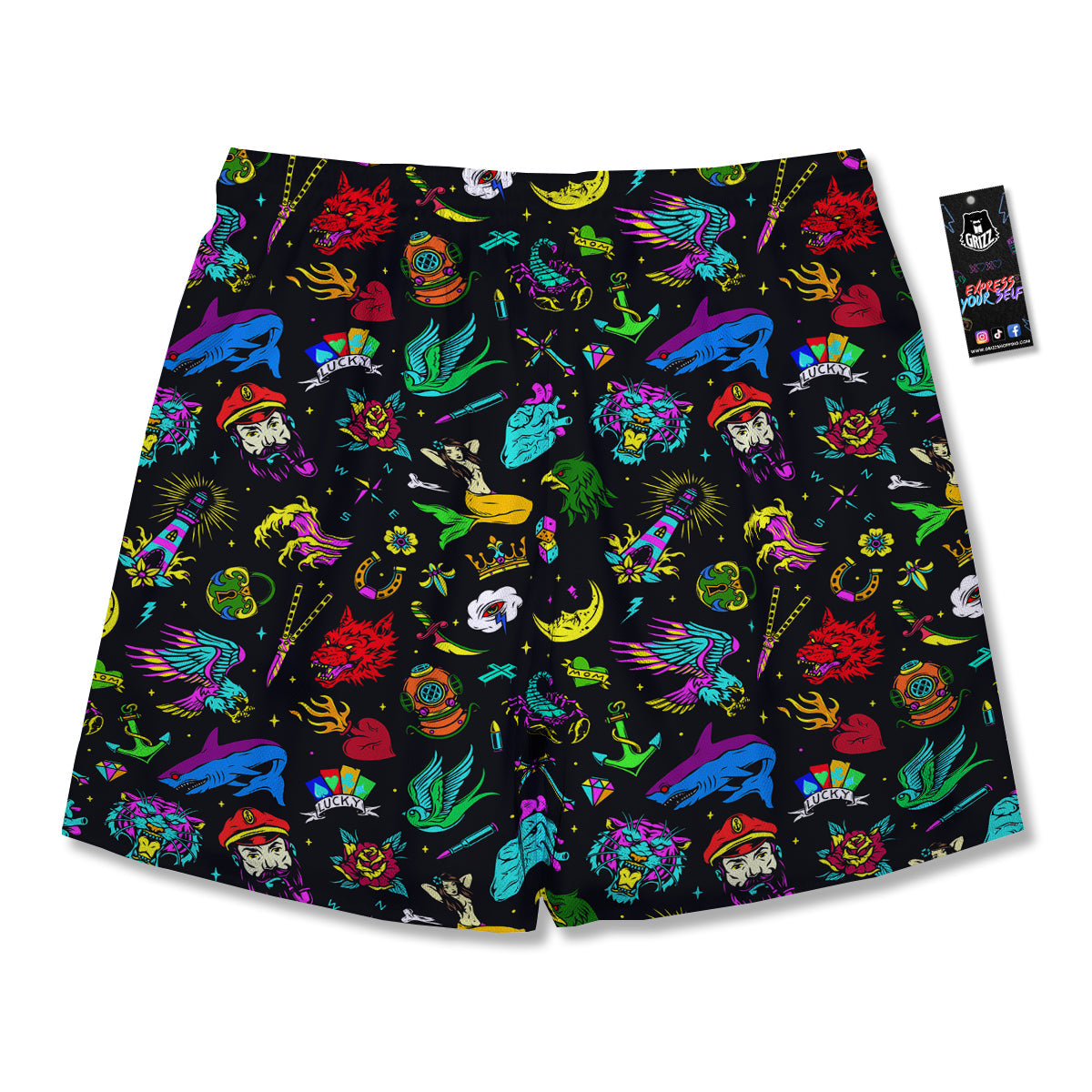 Vintage Colorful Tattoo Print Pattern Men's Running Shorts-grizzshop