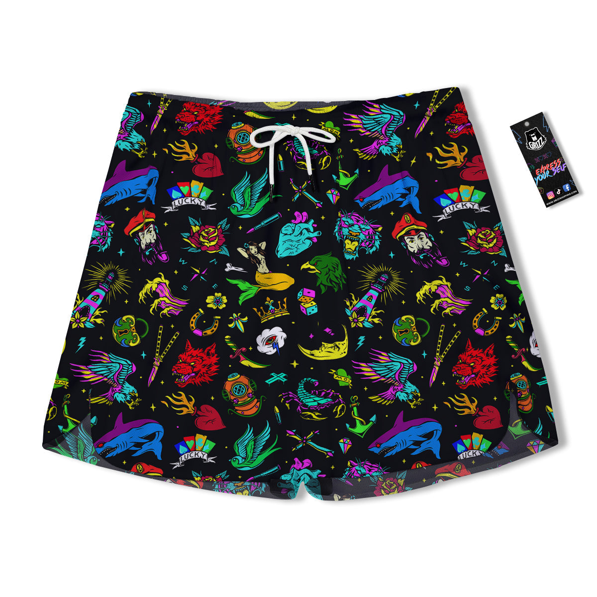 Vintage Colorful Tattoo Print Pattern Men's Running Shorts-grizzshop