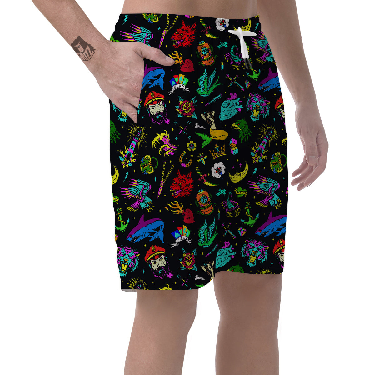 Vintage Colorful Tattoo Print Pattern Men's Shorts-grizzshop