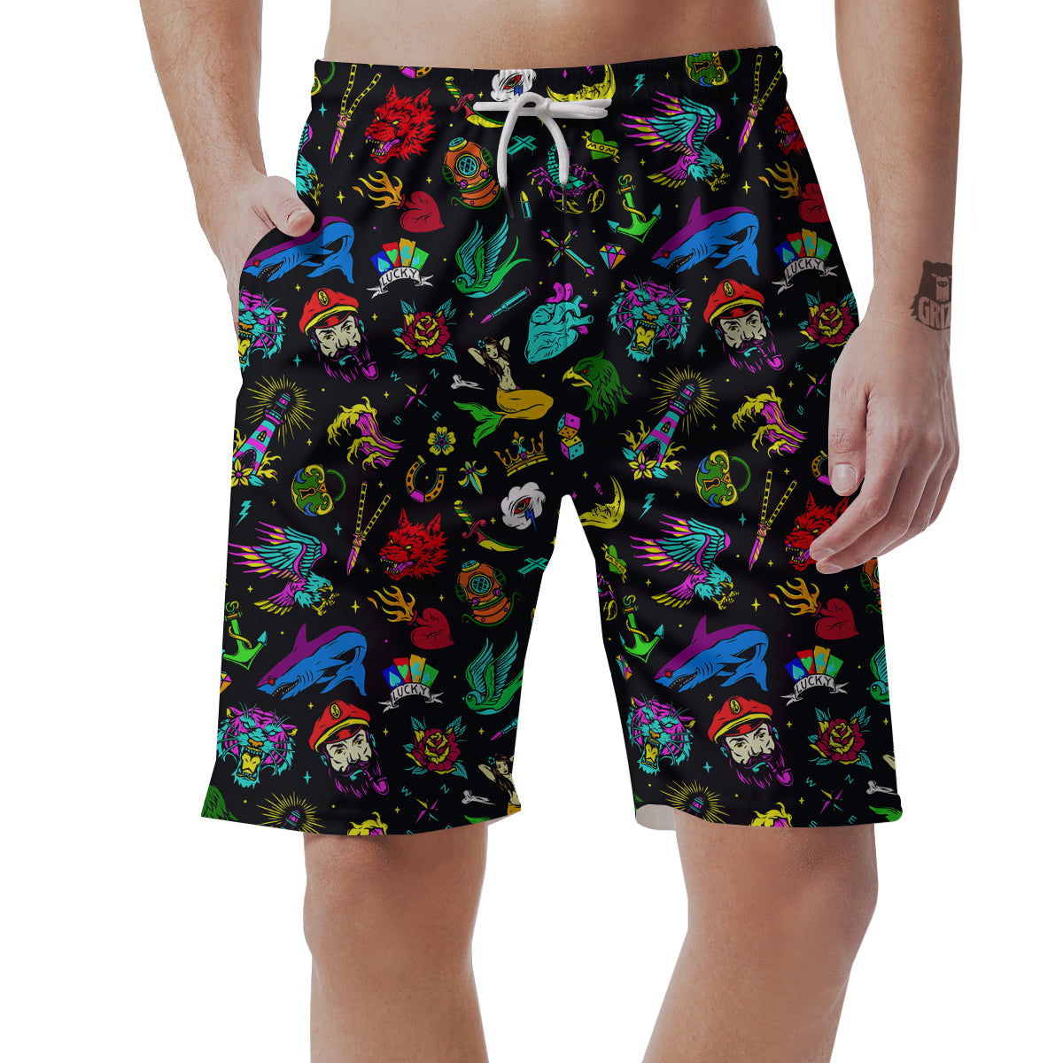 Vintage Colorful Tattoo Print Pattern Men's Shorts-grizzshop