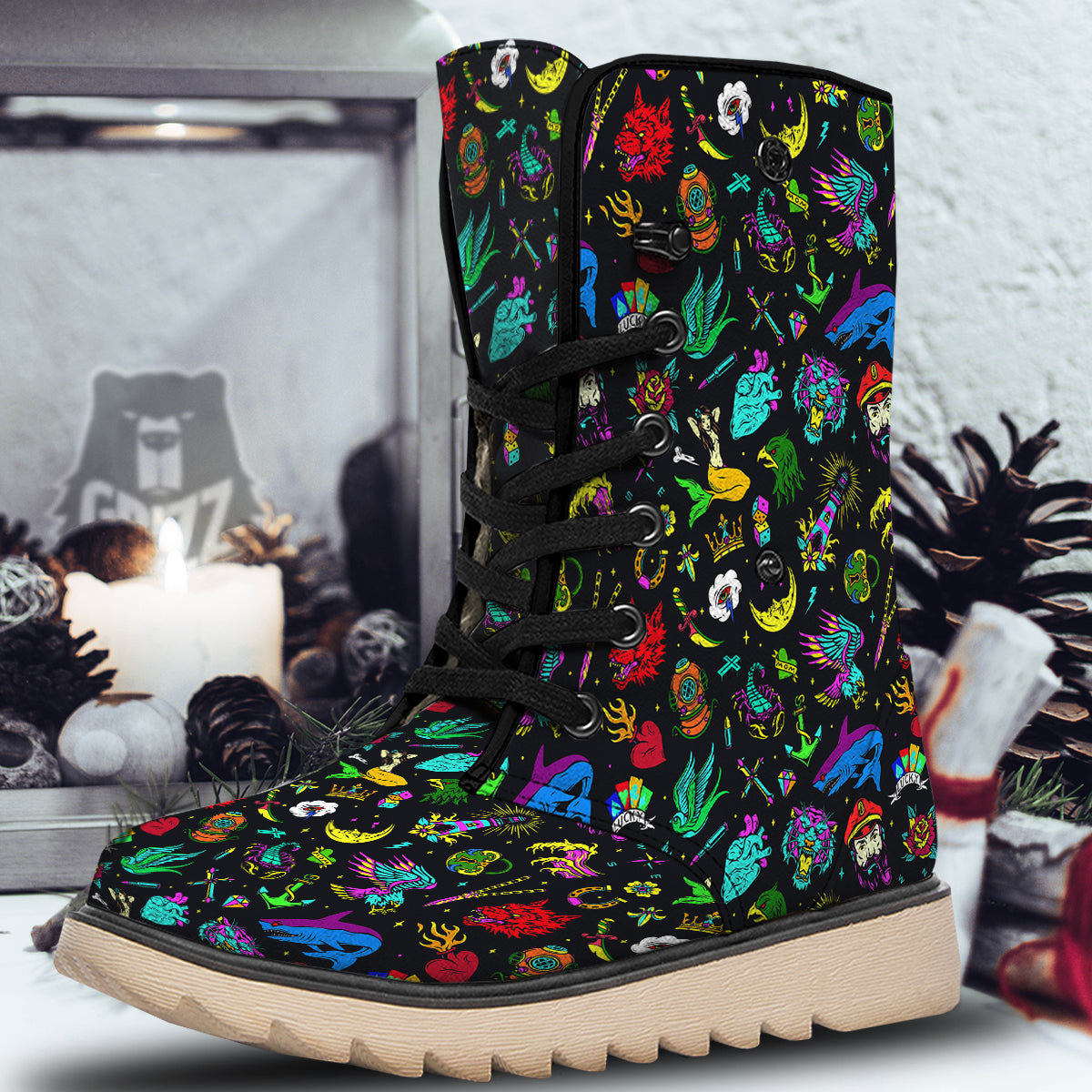 Vintage Colorful Tattoo Print Pattern Snow Boots-grizzshop