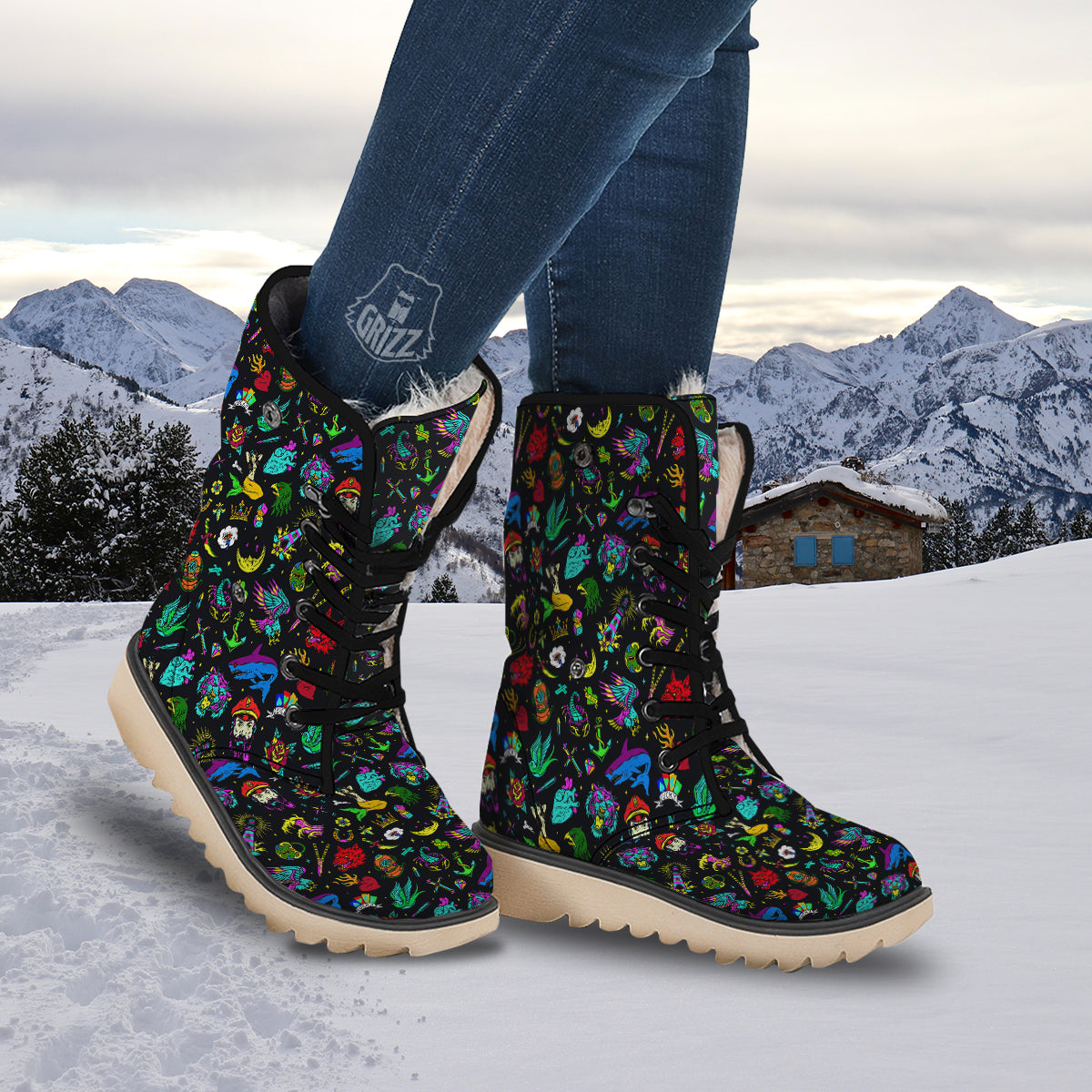 Vintage Colorful Tattoo Print Pattern Snow Boots-grizzshop