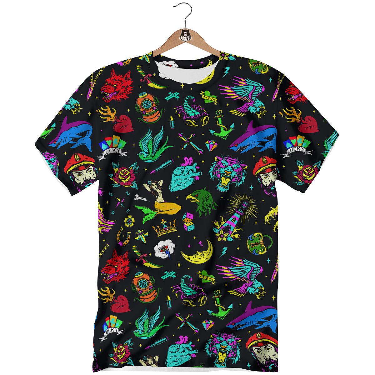 Vintage Colorful Tattoo Print Pattern T-Shirt-grizzshop