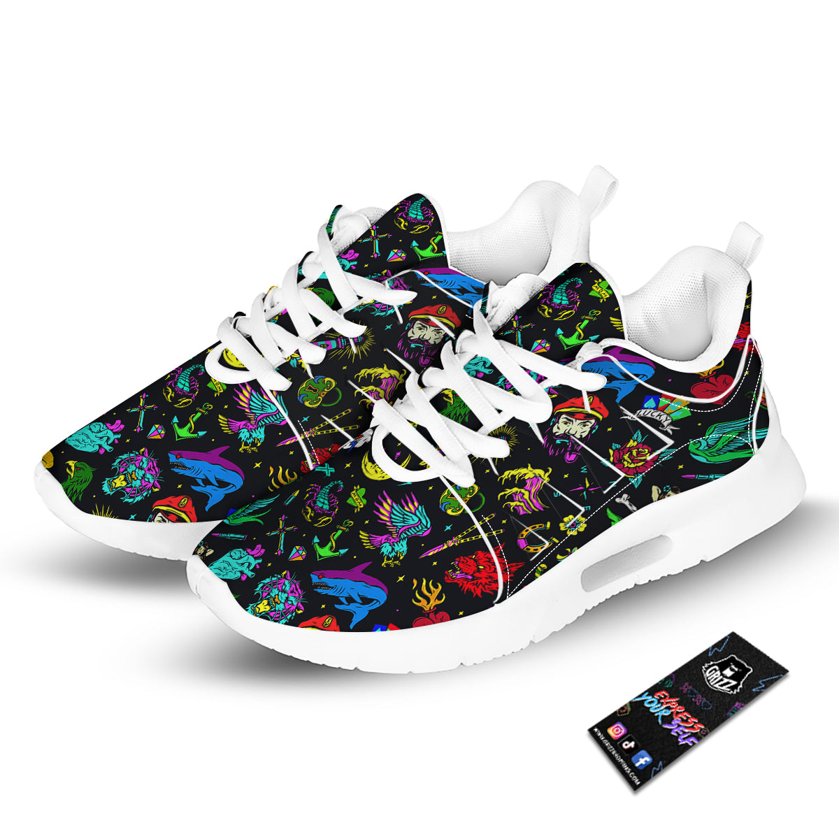 Vintage Colorful Tattoo Print Pattern Tennis Shoes-grizzshop