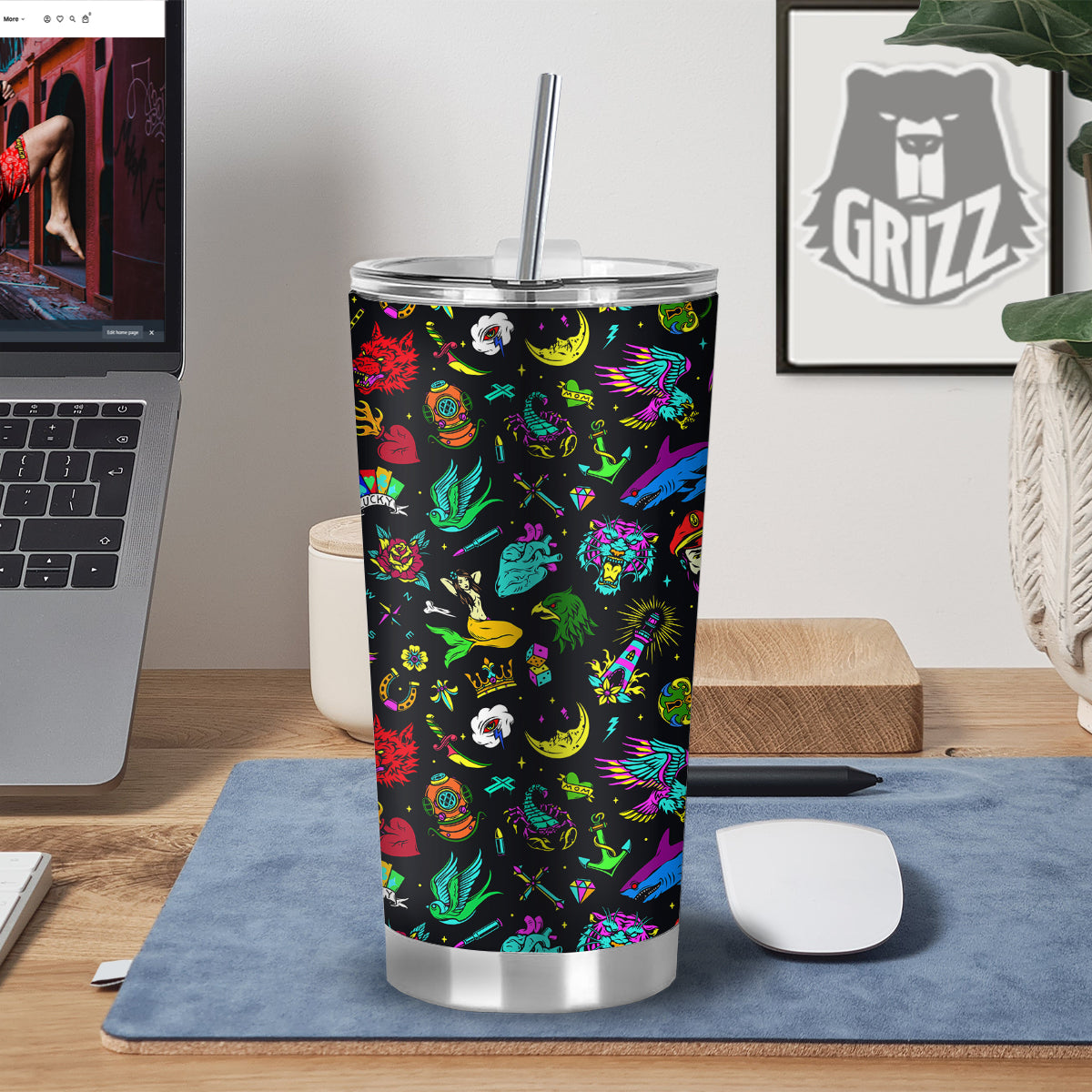 Vintage Colorful Tattoo Print Pattern Tumbler-grizzshop