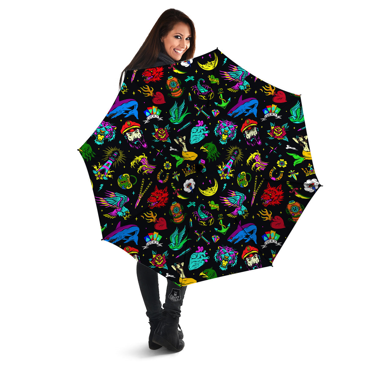 Vintage Colorful Tattoo Print Pattern Umbrella-grizzshop