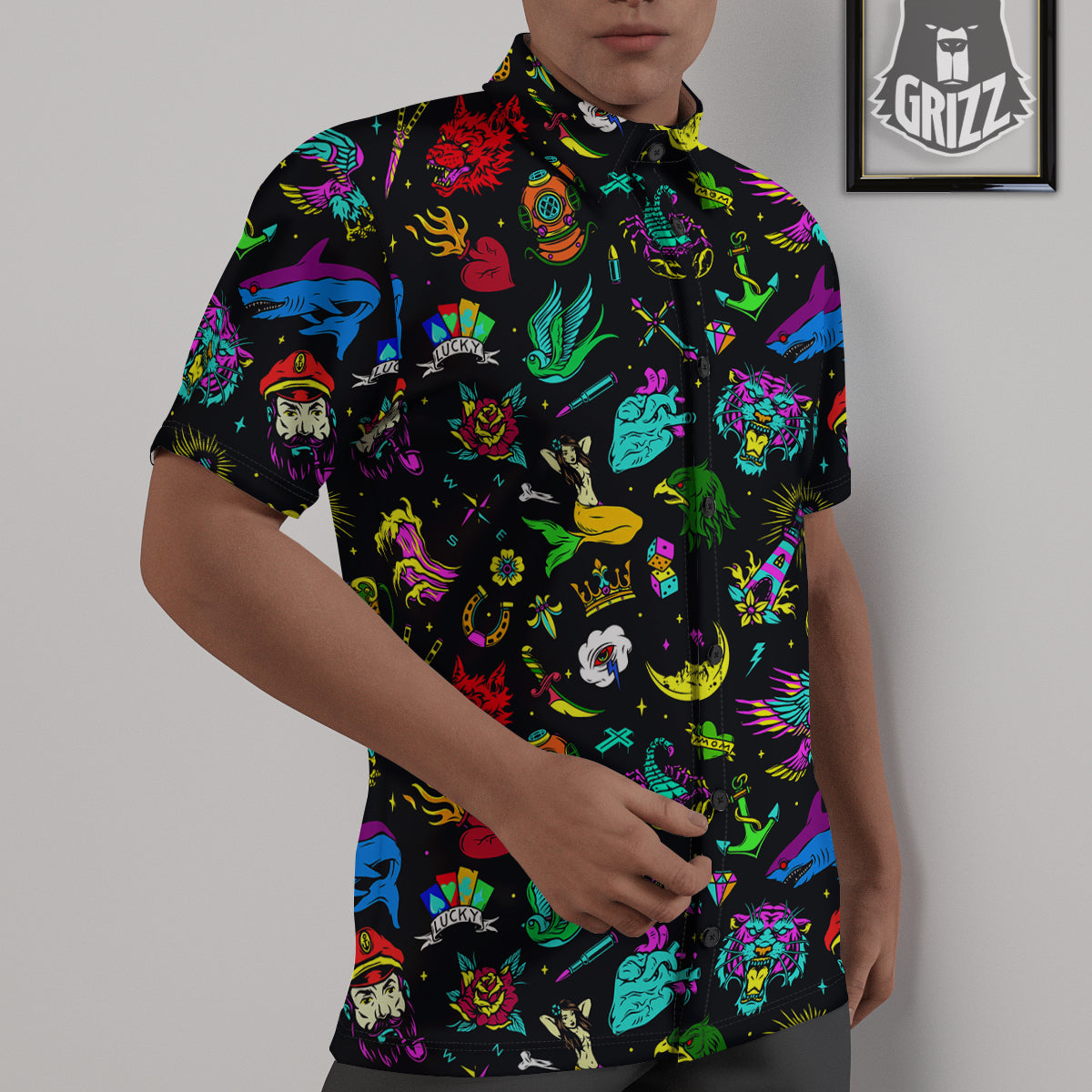 Vintage Colorful Tattoo Print Pattern Untucked Shirts-grizzshop