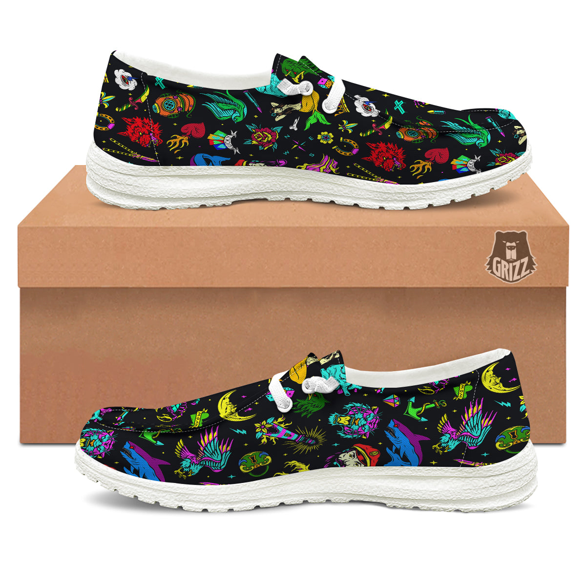 Vintage Colorful Tattoo Print Pattern White Loafers-grizzshop