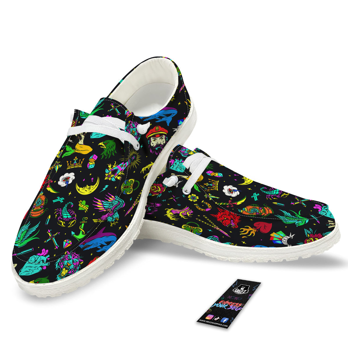 Vintage Colorful Tattoo Print Pattern White Loafers-grizzshop