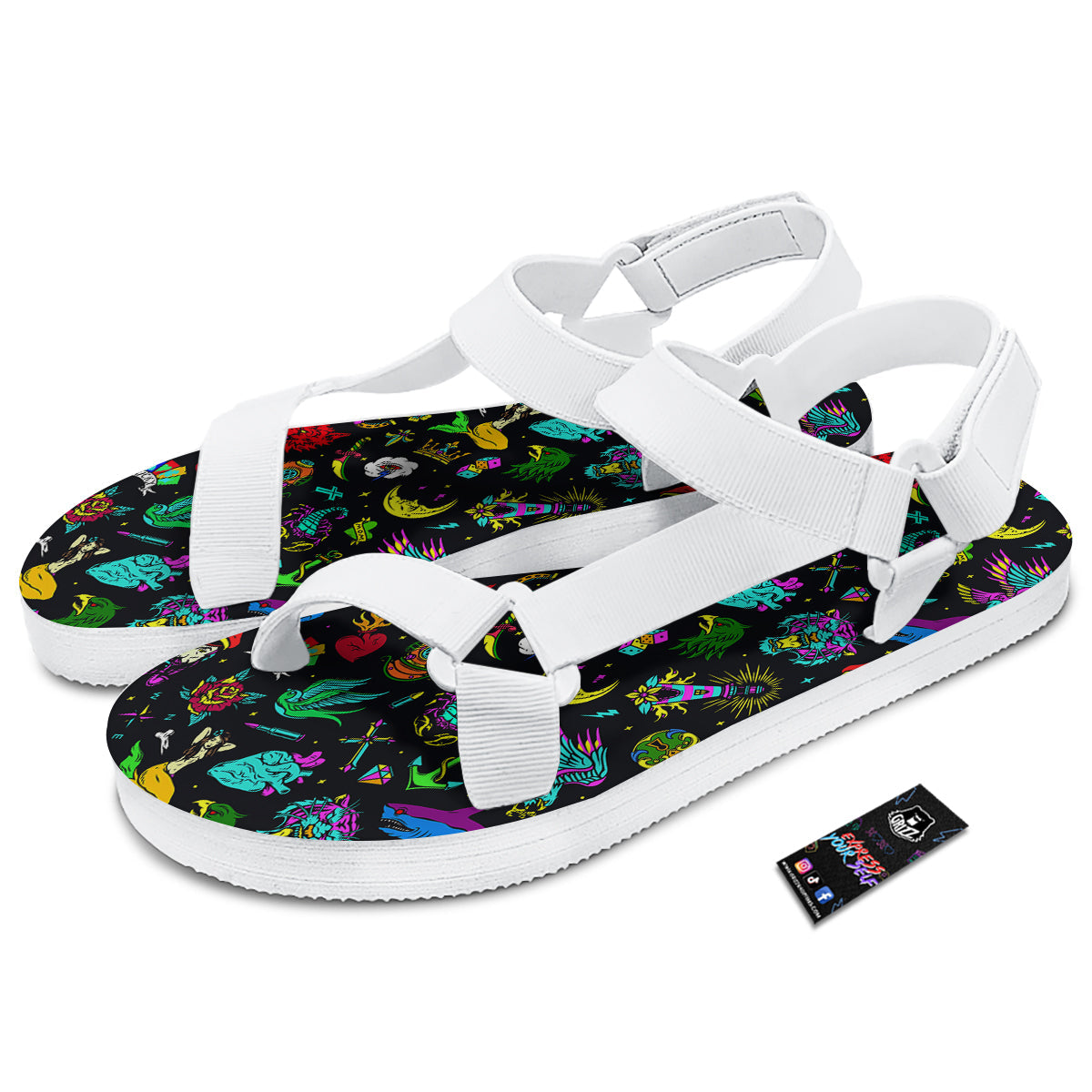 Vintage Colorful Tattoo Print Pattern White Open Toe Sandals-grizzshop