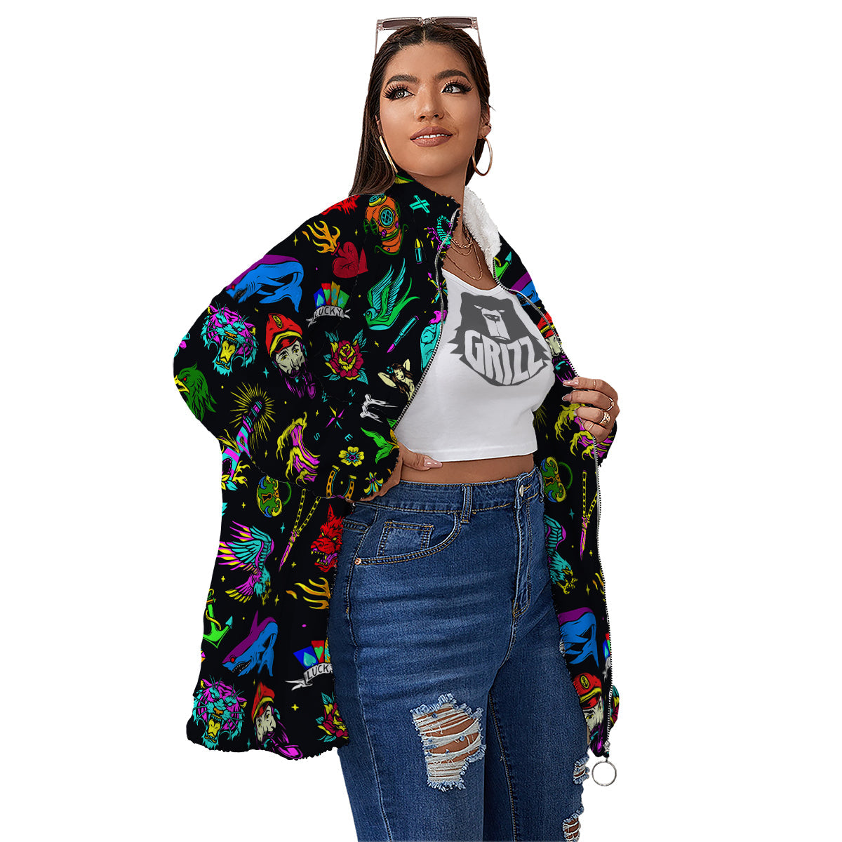 Vintage Colorful Tattoo Print Pattern Women's Sherpa Jacket-grizzshop