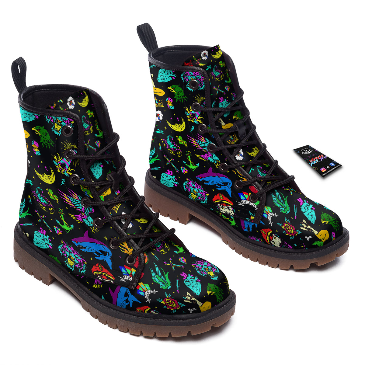 Vintage Colorful Tattoo Print Pattern Work Boots-grizzshop