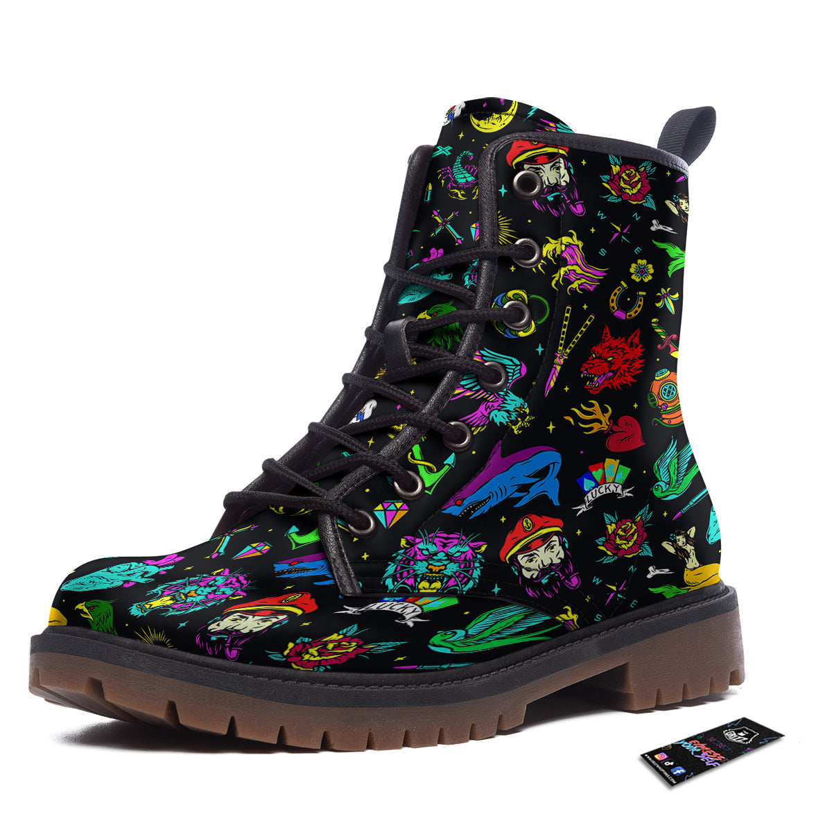 Vintage Colorful Tattoo Print Pattern Work Boots-grizzshop