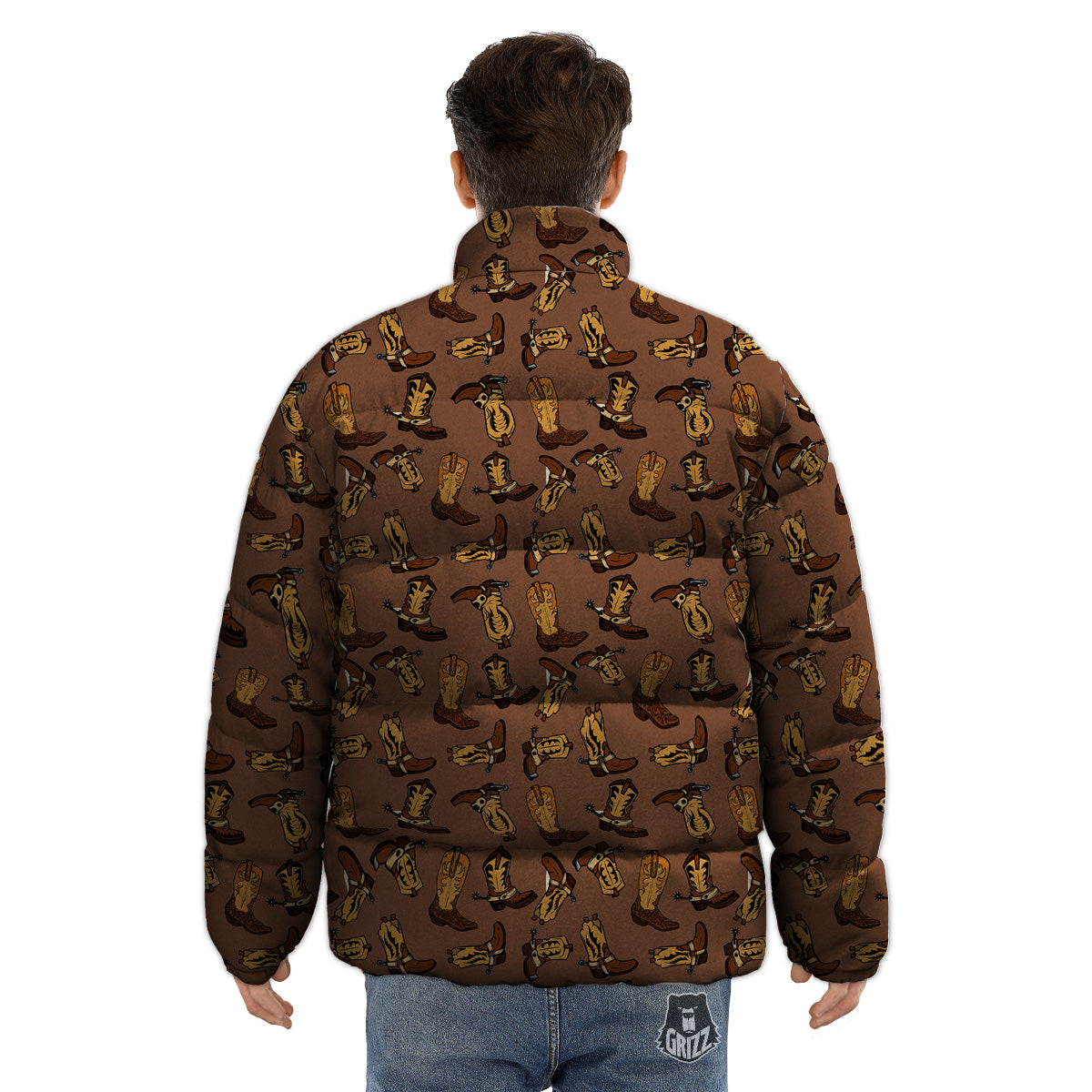 Vintage Cowboy Boots Print Pattern Puffer Jacket-grizzshop