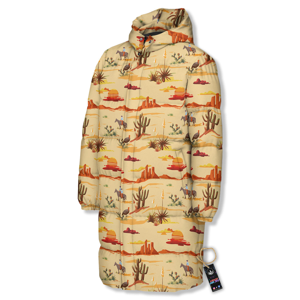 Vintage Cowboy Print Pattern Long Down Jacket-grizzshop