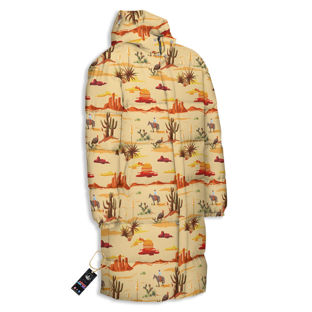 Vintage Cowboy Print Pattern Long Down Jacket-grizzshop