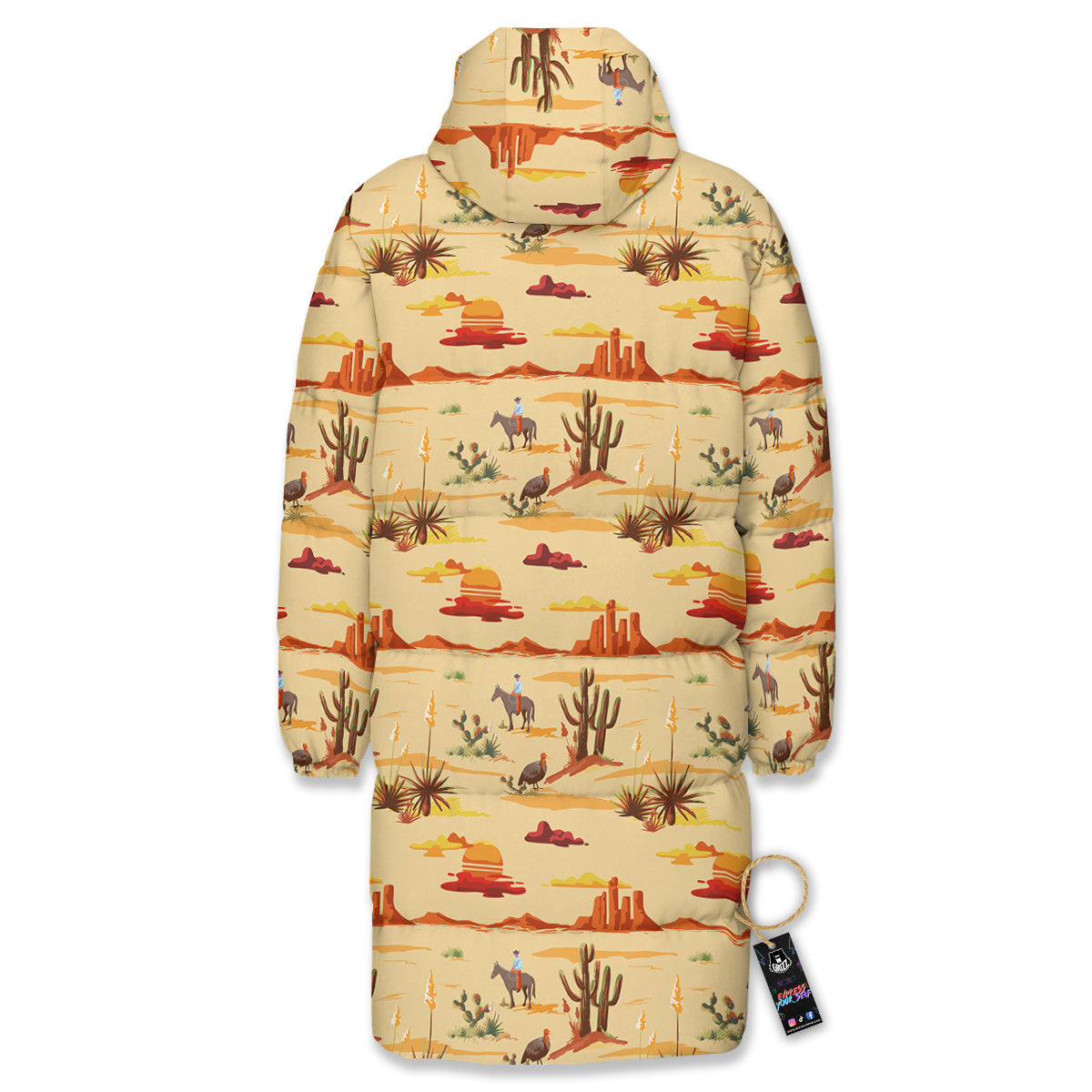 Vintage Cowboy Print Pattern Long Down Jacket-grizzshop