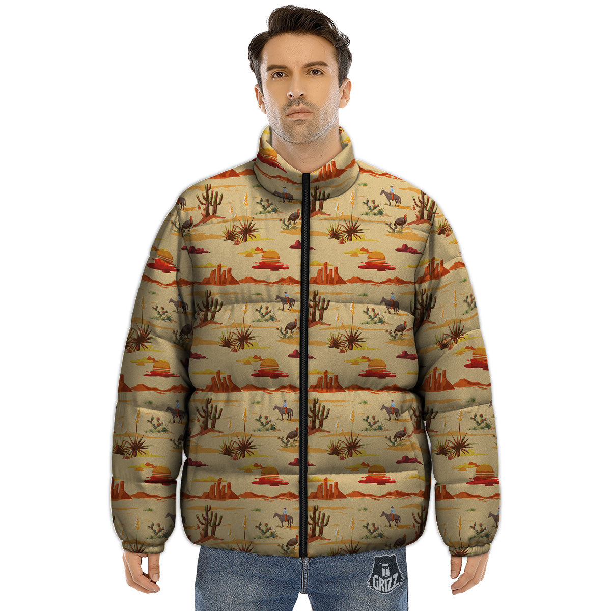 Vintage Cowboy Print Pattern Puffer Jacket-grizzshop