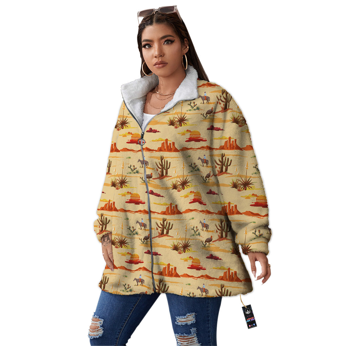 Vintage Cowboy Print Pattern Women's Sherpa Jacket-grizzshop