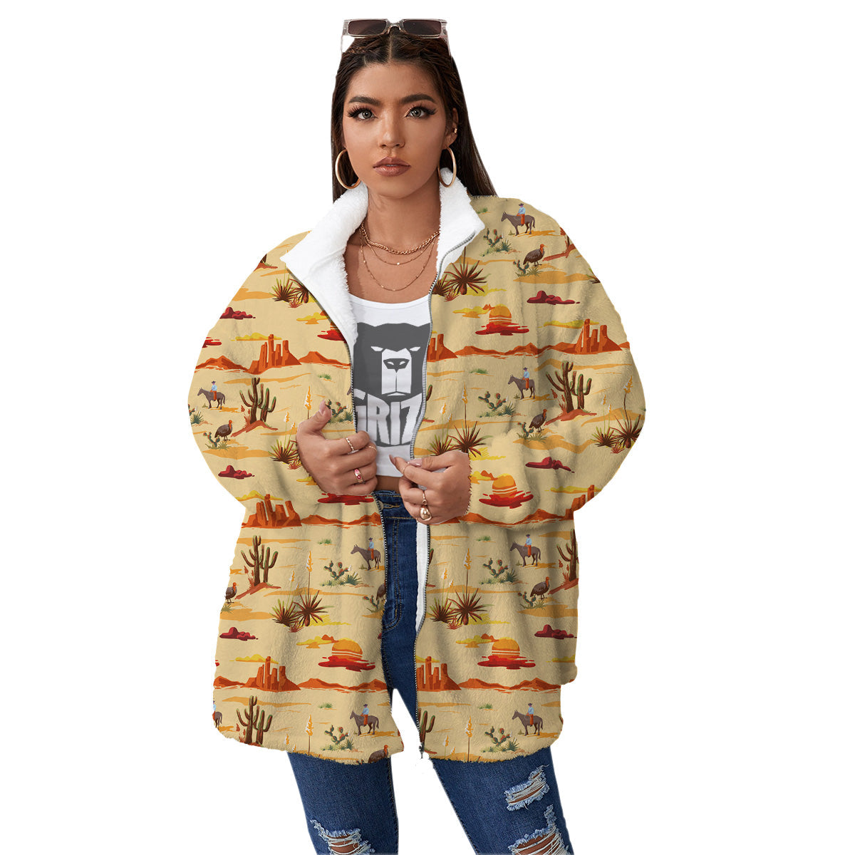 Vintage Cowboy Print Pattern Women's Sherpa Jacket-grizzshop