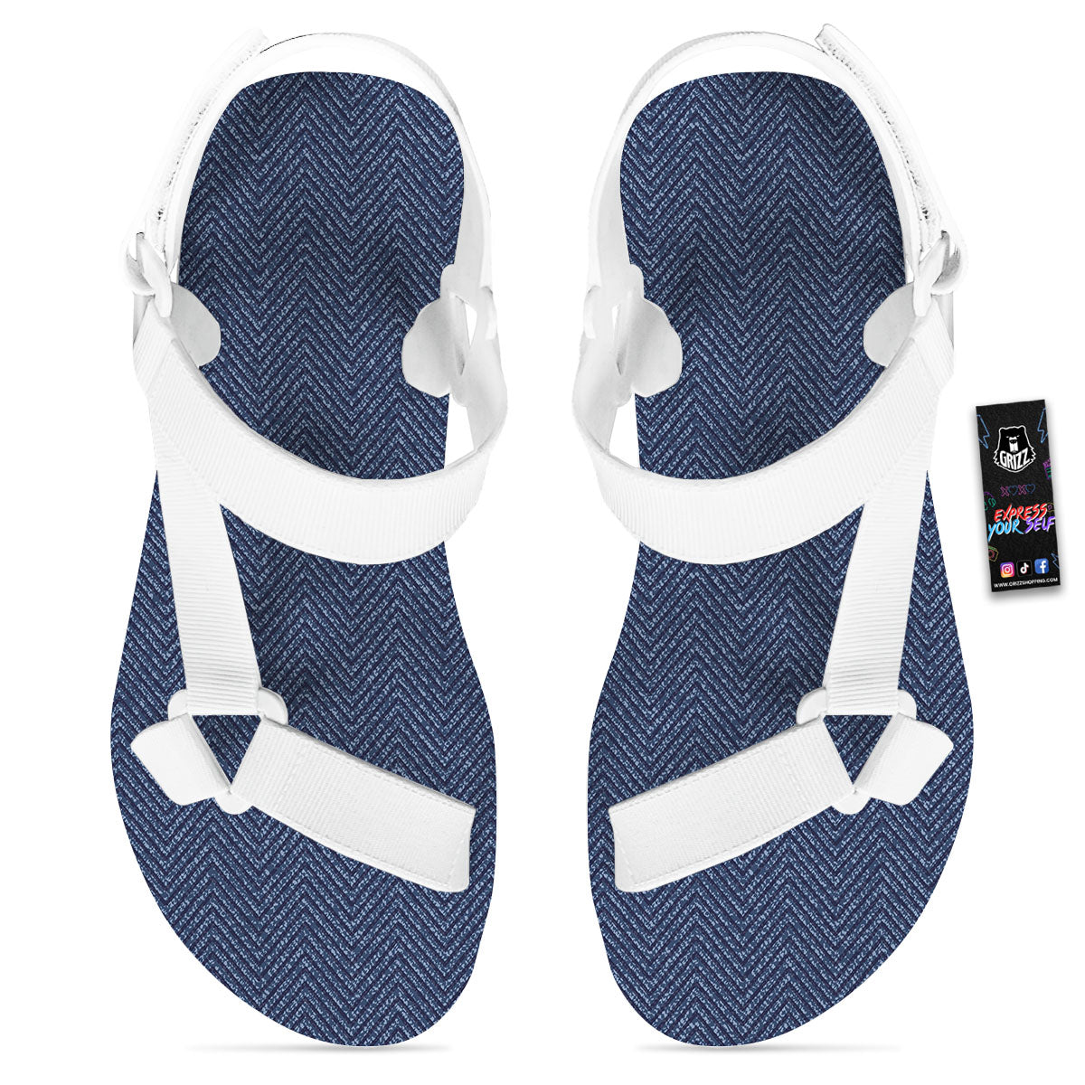 Vintage Denim Blue Jeans Print Pattern White Open Toe Sandals-grizzshop