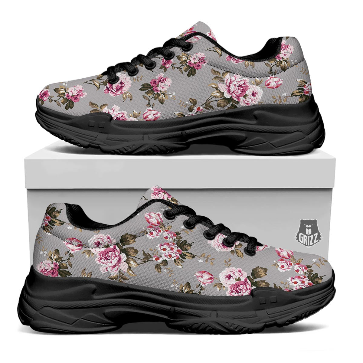 Vintage Floral Shabby Chic Print Pattern Black Chunky Shoes-grizzshop