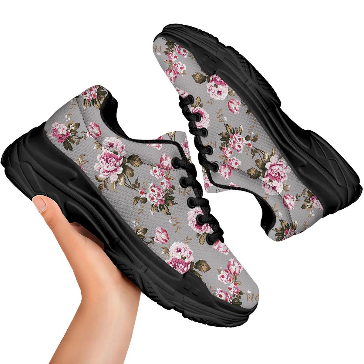 Vintage Floral Shabby Chic Print Pattern Black Chunky Shoes-grizzshop