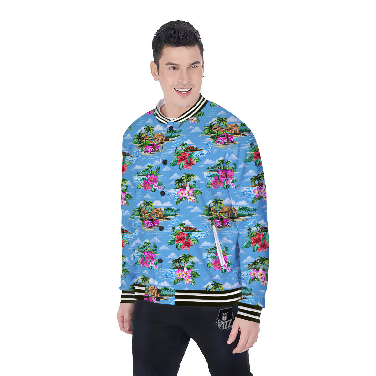 Vintage Hawaiian And Blue Sky Print Pattern Baseball Jacket-grizzshop
