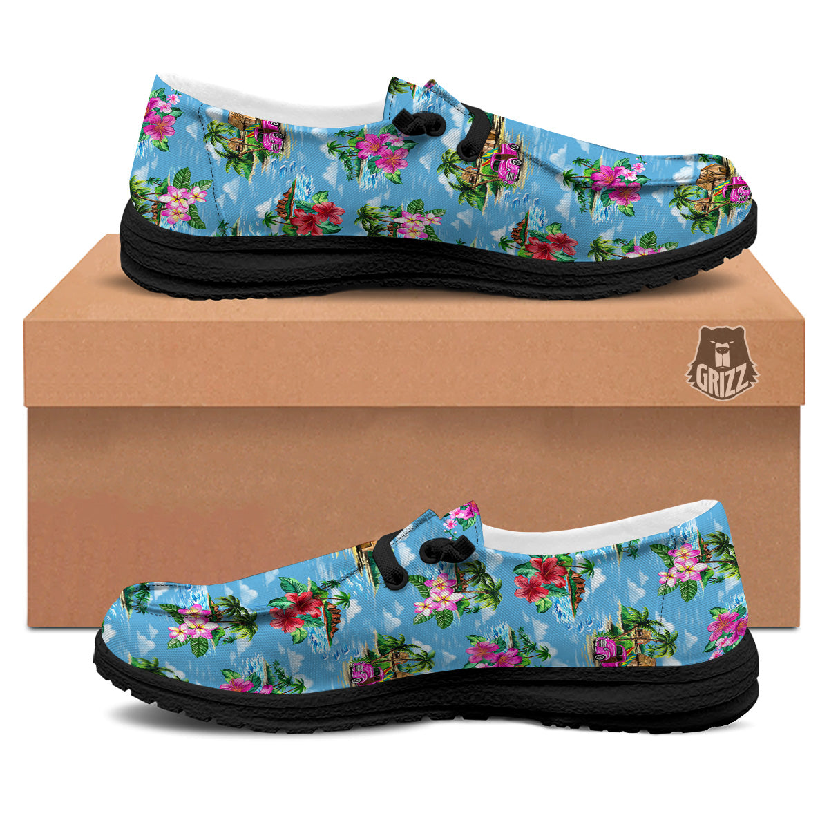 Vintage Hawaiian And Blue Sky Print Pattern Black Loafers-grizzshop
