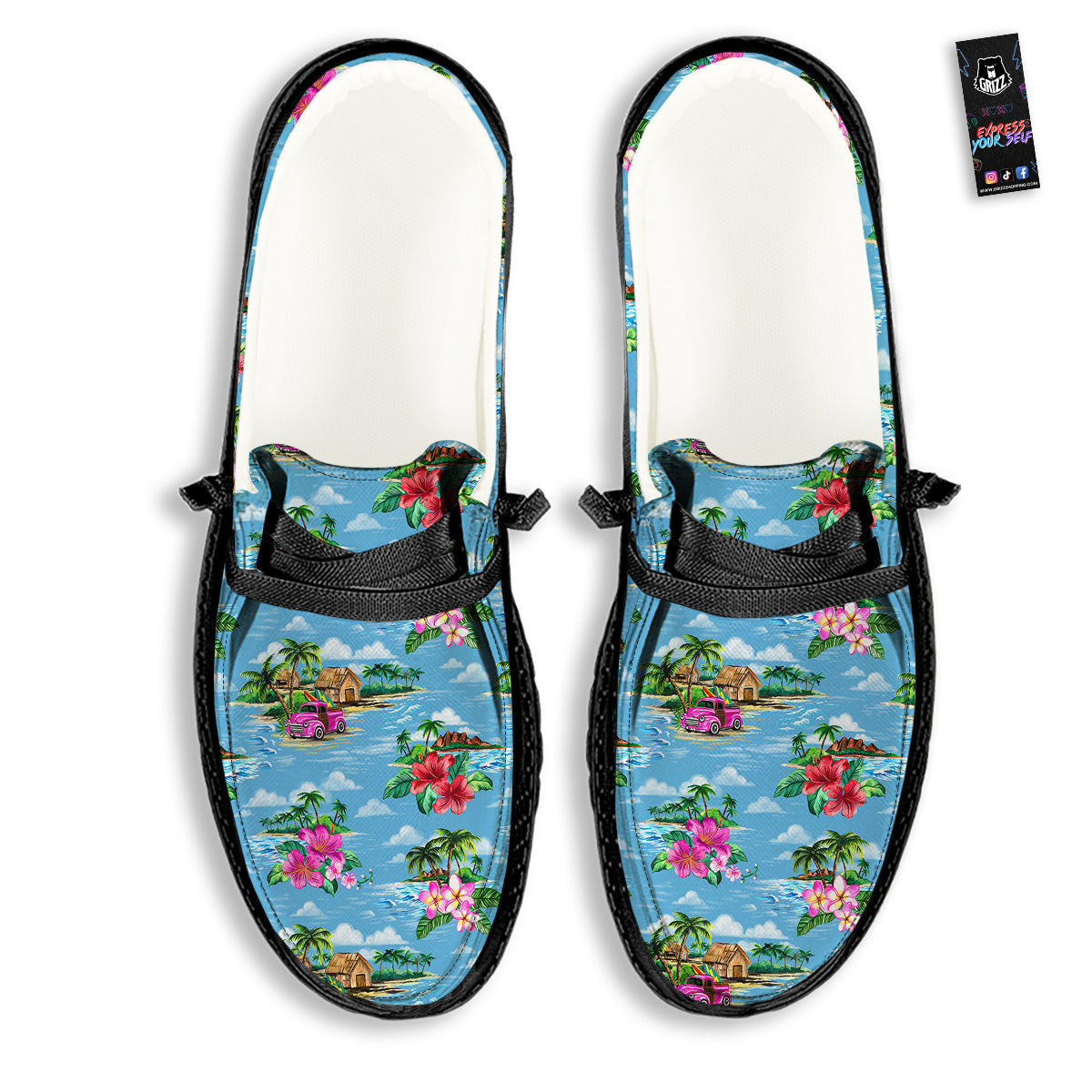 Vintage Hawaiian And Blue Sky Print Pattern Black Loafers-grizzshop