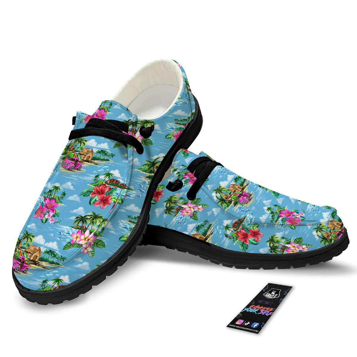 Vintage Hawaiian And Blue Sky Print Pattern Black Loafers-grizzshop