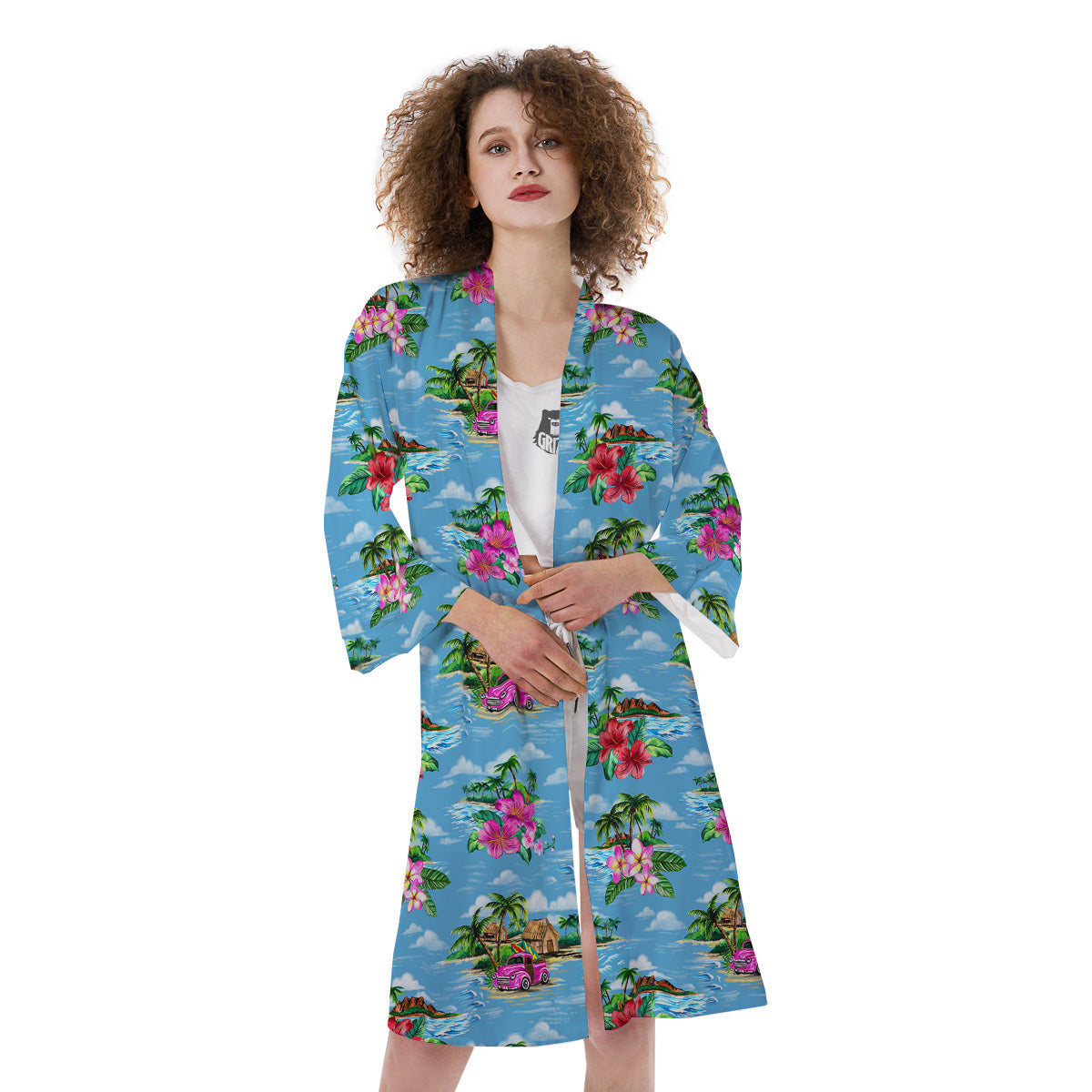 Vintage Hawaiian And Blue Sky Print Pattern Kimono-grizzshop