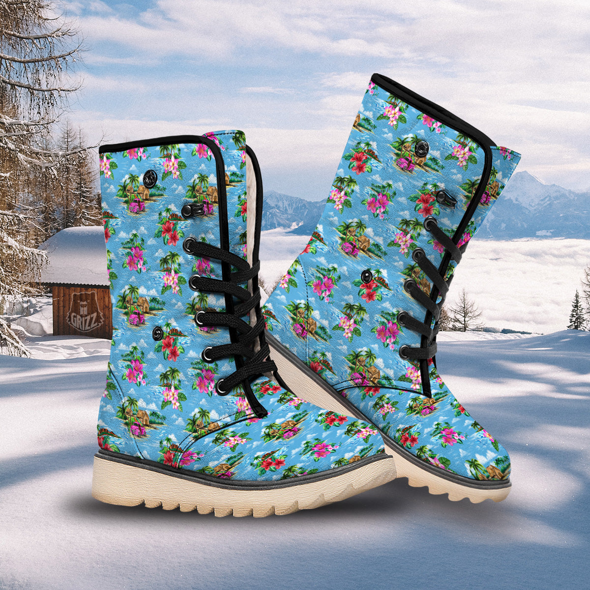 Vintage Hawaiian And Blue Sky Print Pattern Snow Boots-grizzshop