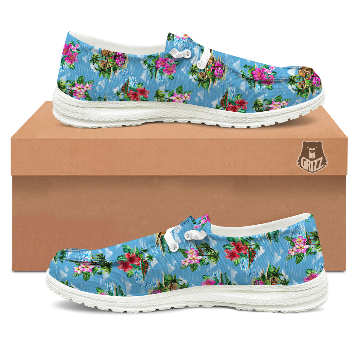Vintage Hawaiian And Blue Sky Print Pattern White Loafers-grizzshop