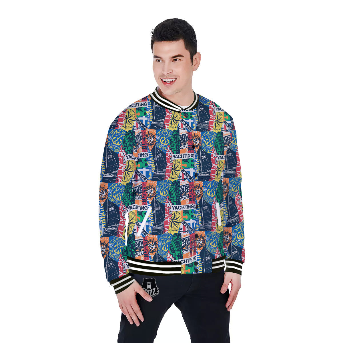 Vintage Nautical Style Colorful Print Pattern Baseball Jacket-grizzshop